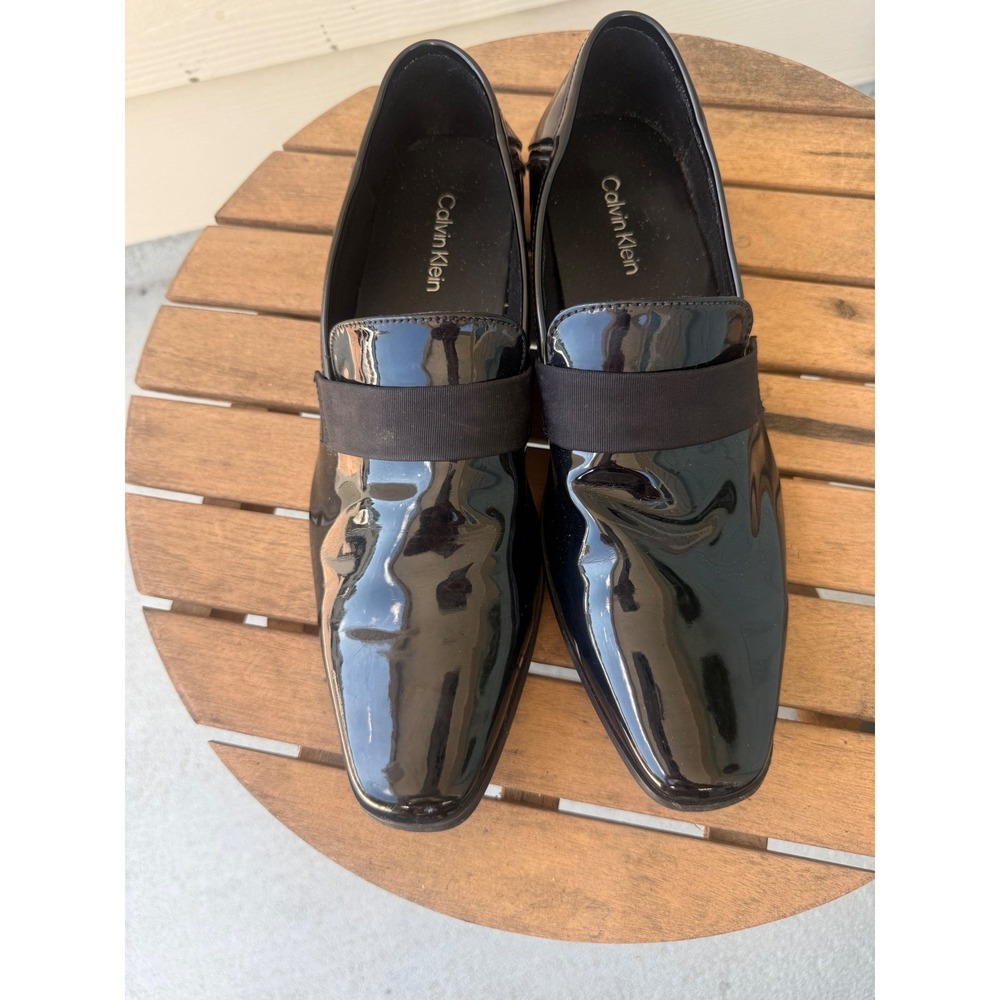 Calvin Klein Bernard Men Black Patent Loafers Square Toe Dress Tux Shoes Formal